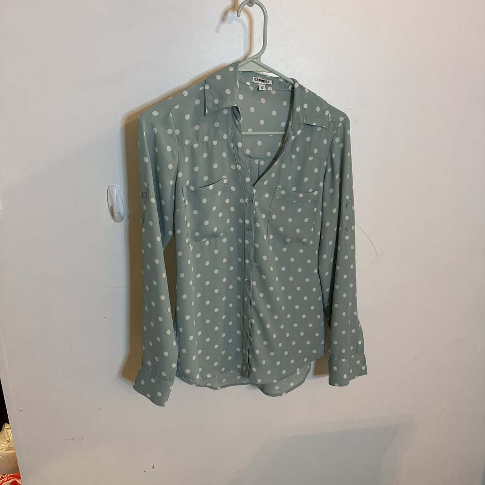 Express Green Button Down Shirt with White Polka Dots